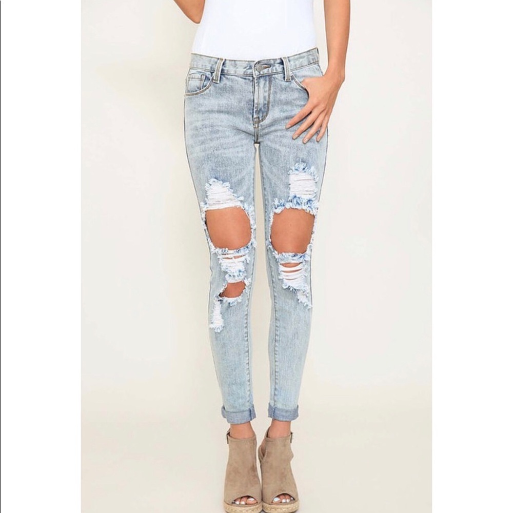 Light Washed Distressed Mid Rise Jeans - Picture 1 of 6
